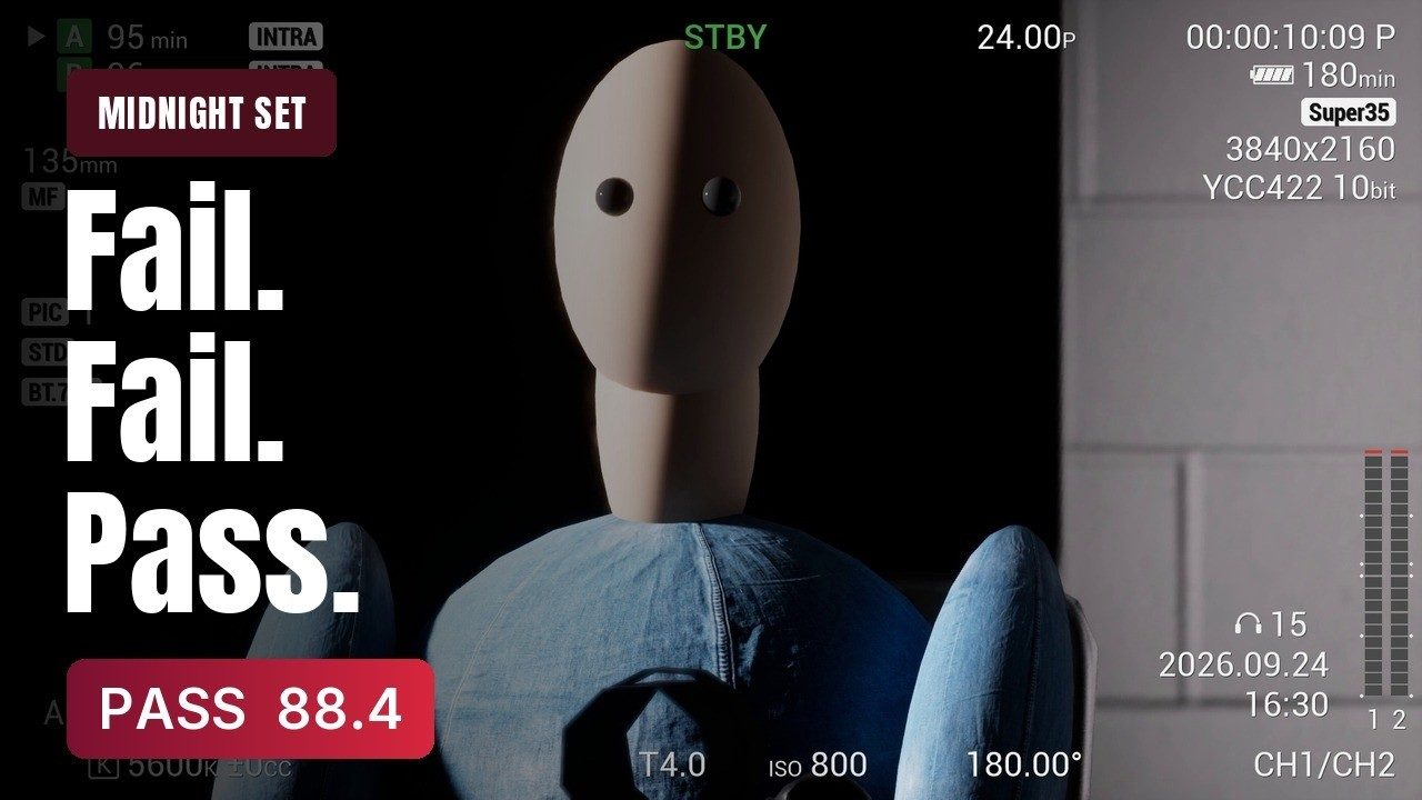 Video thumbnail: a mannequin under a hard key light seen through a camera monitor, beside the words Fail. Fail. Pass. and a pass grade of 88.4.