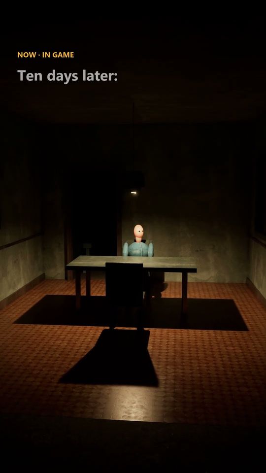Short thumbnail: a mannequin seated at a table in a dim room with a brick floor, captioned Ten days later.