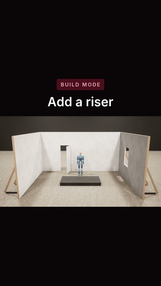 Short thumbnail: a small set of white flats around a figure on a riser, captioned Add a riser.